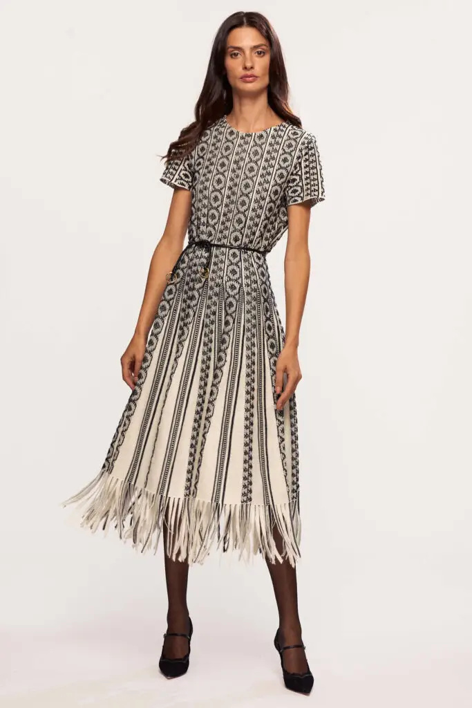 Fringe Trim Striped Pleated Dress