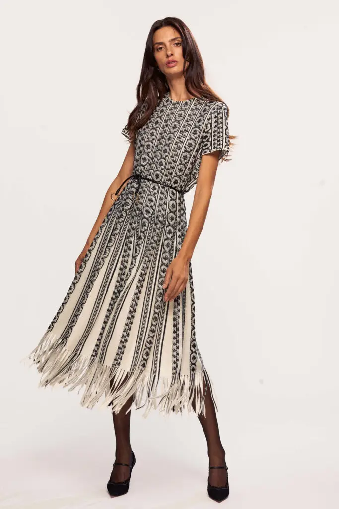Fringe Trim Striped Pleated Dress