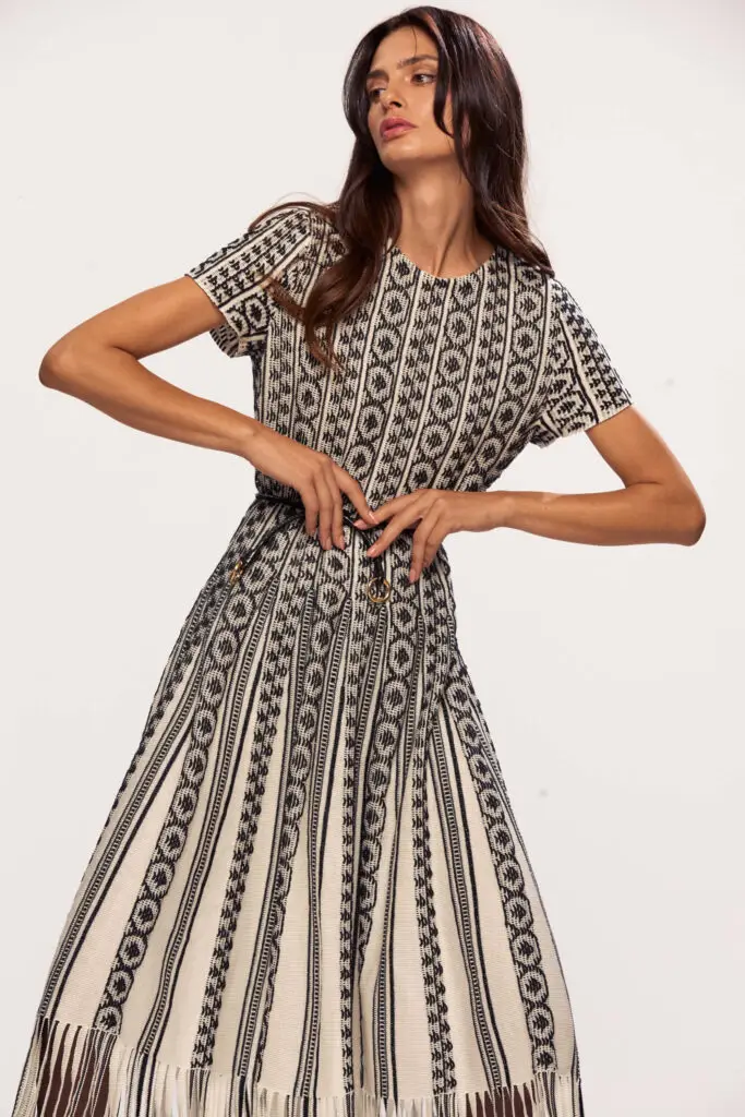 Fringe Trim Striped Pleated Dress