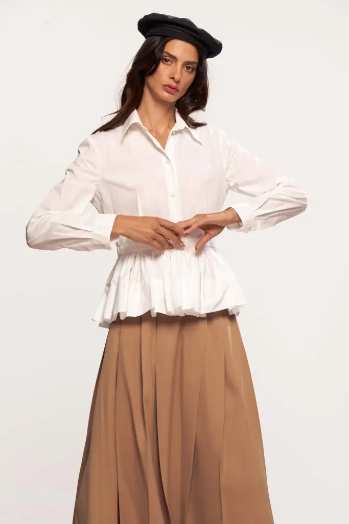 Button-front Peplum Blouse In White