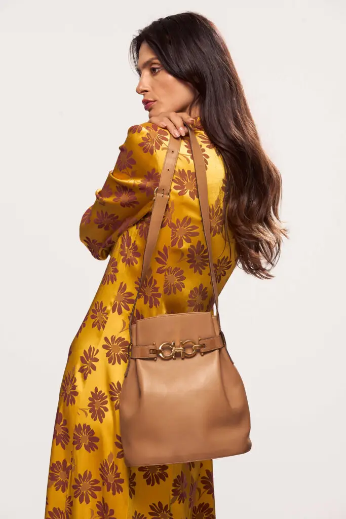 Gancini Bucket Bag in Beige