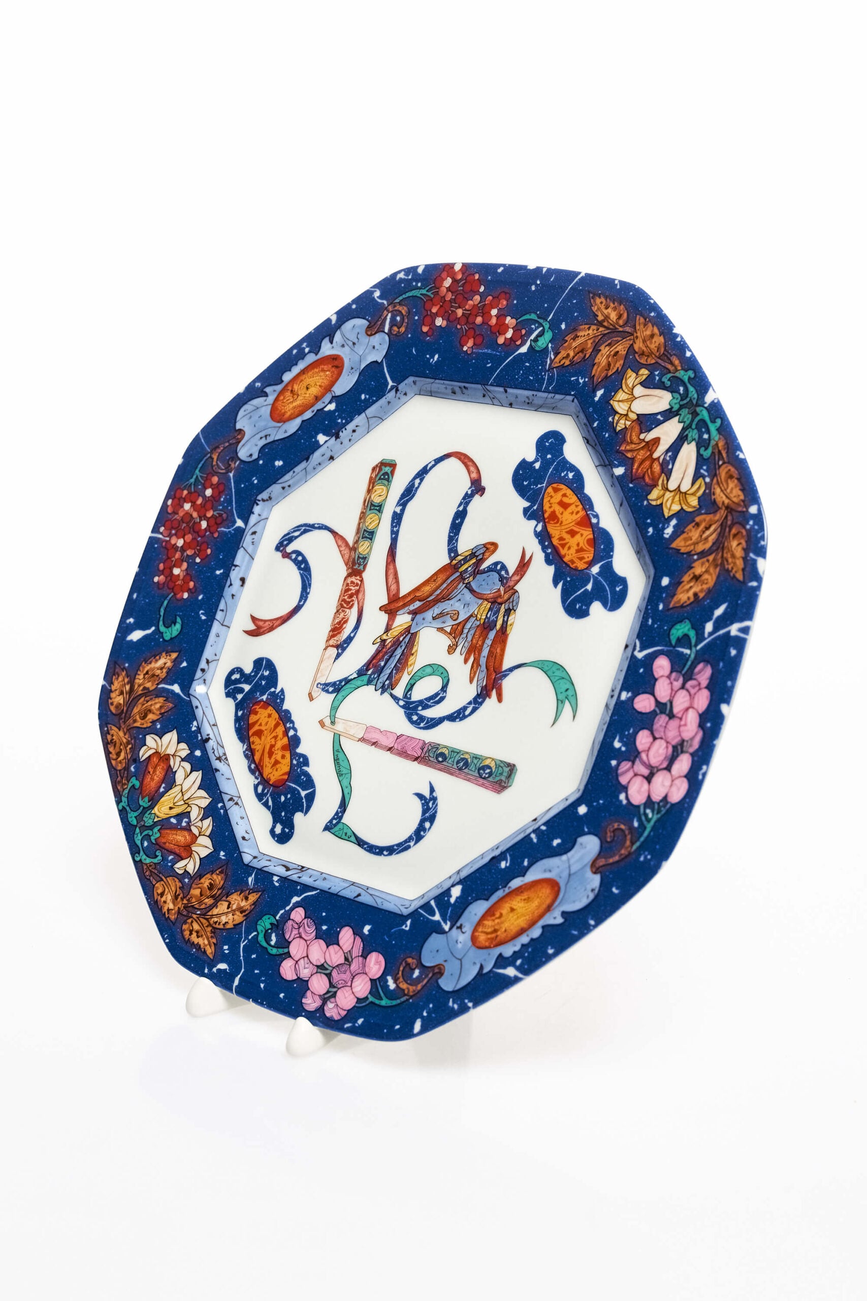 Vintage Marqueterie Porcelain Octagonal Plate 2 Vintage Marqueterie Porcelain Octagonal Plate